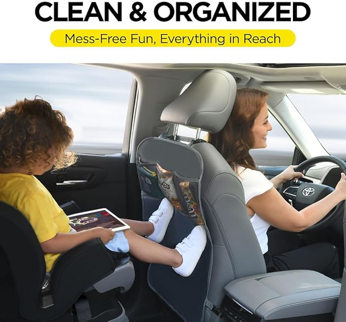 lebogner Back Seat Cover for Kids + 3 Pocket Storage Organizer, 2 Pack X-Large Multifunctional Kick Mats Backseat Protector, Car Seat Back Protectors for Vehicles to Protect from Dirt & Scuffs, Grey