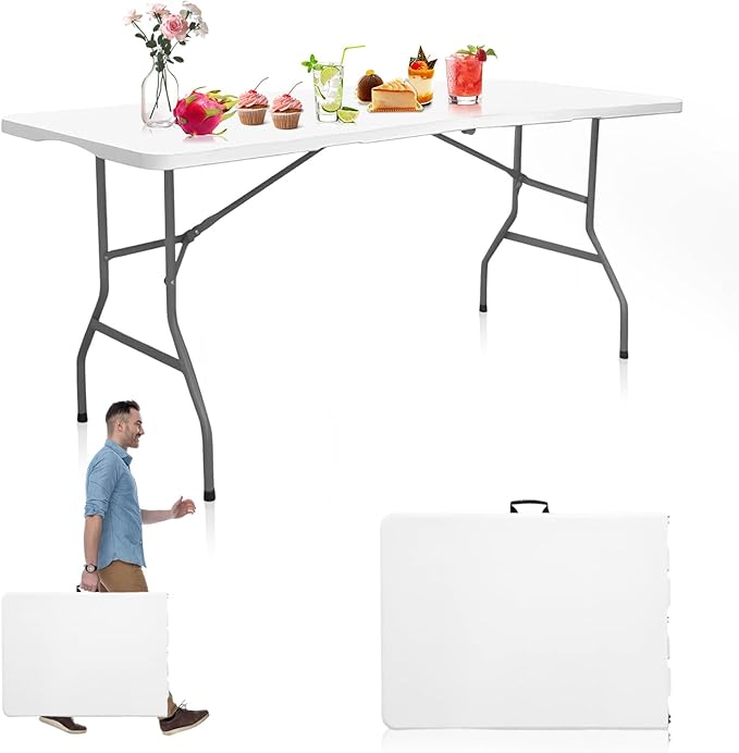 Camp Field 5ft Heavy Duty Portable Table, Folding Table for Indoor & Outdoor Picnic & Card Table for Picnic, Party, Camping. (White, 5FT)