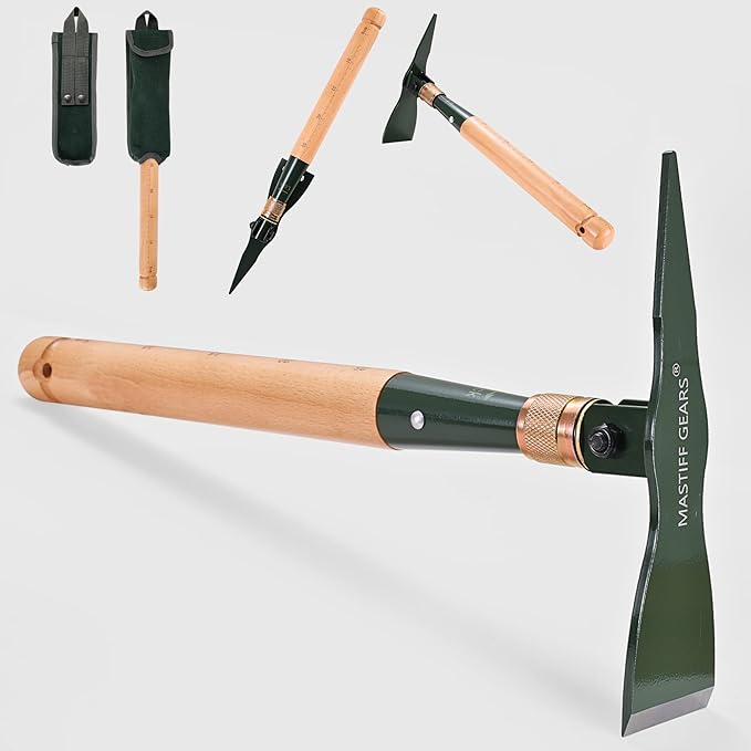 MASTIFF GEARS Folding Pick-Mattock & Pickaxe, WWII Inspired, 4.5mm 1050 High Carbon Steel, Premium Solid Wood, MOLLE Canvas Pouch, Emergency Safety Tool, Heavy Duty Camping Survival Gear