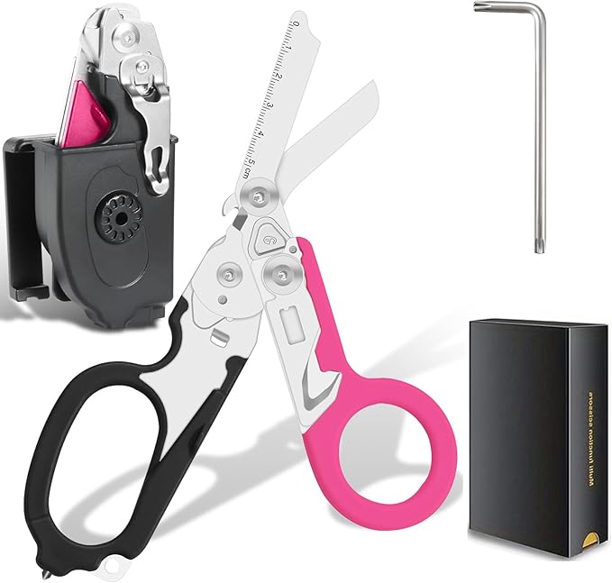 6-in-1 trauma shears - emergency responders, outdoor emergencies, medical staff, and outdoor camping, Gift box packaging with scissors storage K sheaths (Black Pink)