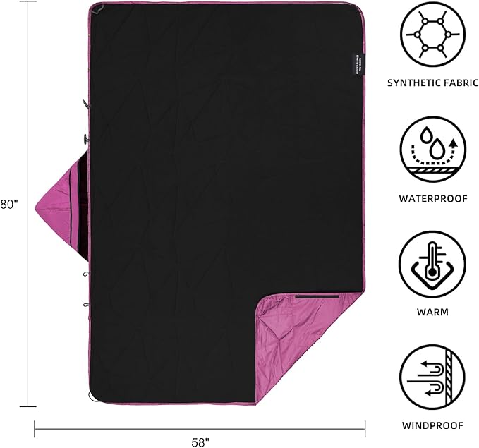 Large Outdoor Waterproof Blanket Extra Thick Fleece Stadium Blanket for Camping, Car, Pet, Picnics - Windproof, Wearable, Machine Washable 80" x 58" (Rose Purple,Hooded)
