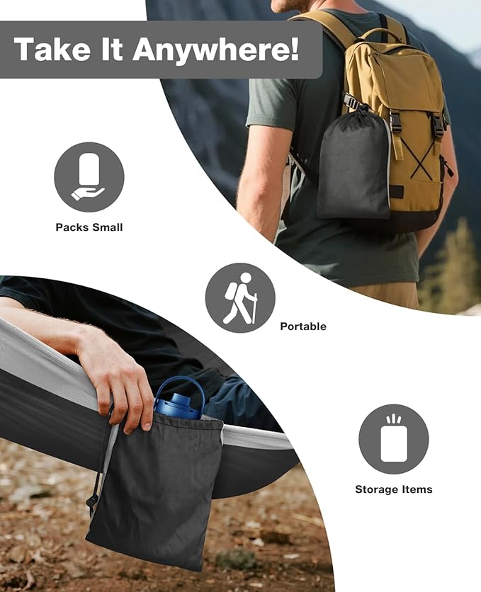 MOSFiATA Camping Hammock, Heavy Duty up to 700lbs with 2 Tree Straps and Attached Carry Bag Portable Outdoor Hammock for Backpacking Hiking Travel,Beach（Black Grey