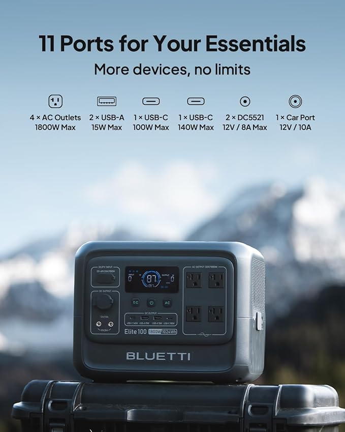 BLUETTI Elite 100 V2 Portable Power Station with Bag (Ship Separately), 1024Wh LFP Battery Backup w/ 4 1800W AC Outlets (3600W Surge), 35% Smaller, Solar Generator for Camping, Outages, and UPS Backup