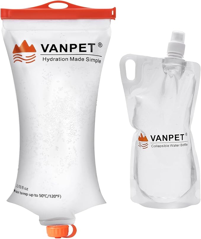 VANPET 2L&1L Water Bag Compatible with Sawyer Squeeze Water Filter, Durable TPU Material, BPA & PVC Free Squeeze Pouch, Collapsible Hydration Canteens for Camping Hiking Cycling