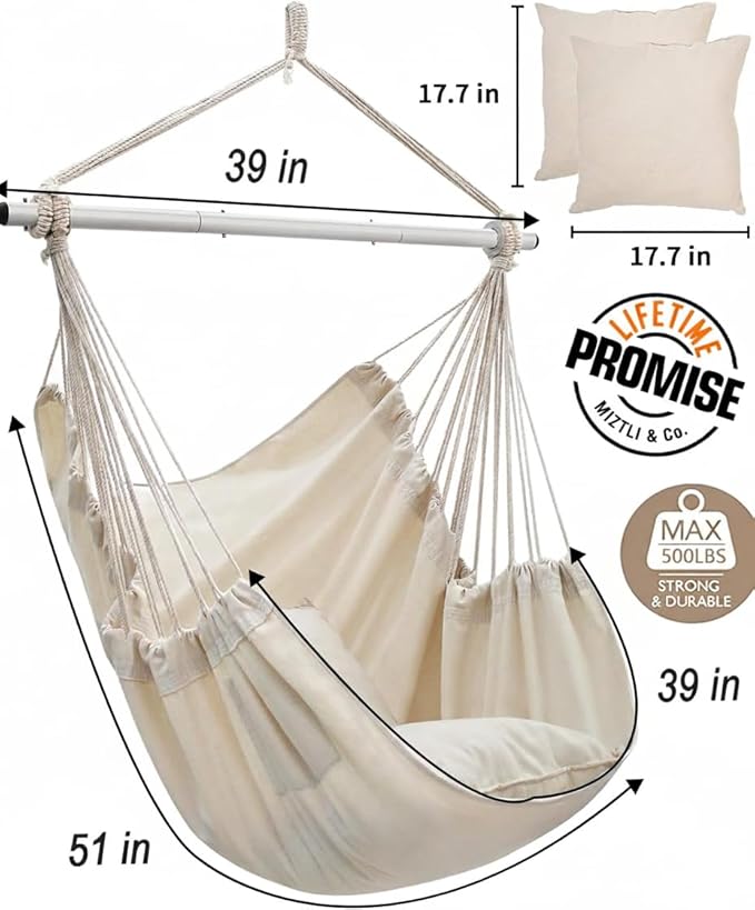 Miztli Hammock Chair with Hanging Chair Cover – 2 Cushions, Steel Spreader Bar with Anti-Slip Rings, Comfortable Indoor & Outdoor Hanging Chair – Includes Protective Waterproof Cover (57x45.5 in)