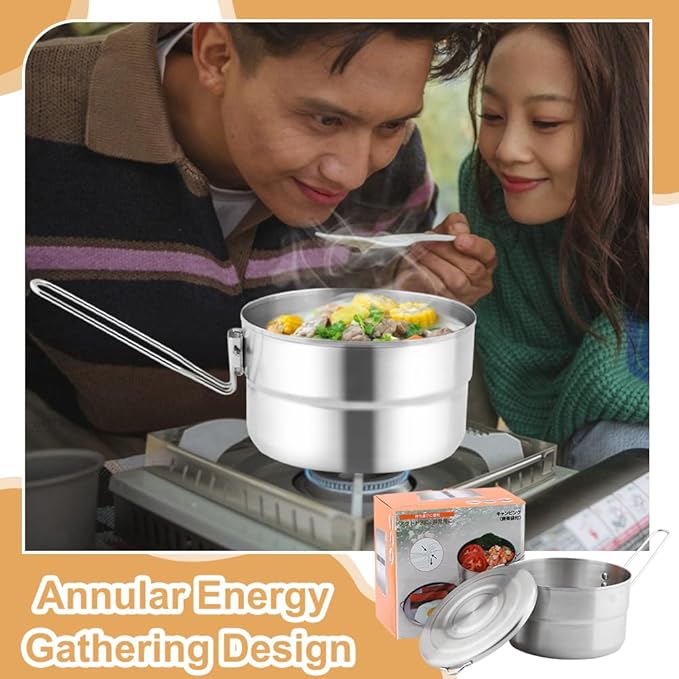 Stainless Steel Camping Cook Pot, 1.5L Camping Cookware with Lid and Folding Handle, Large Capacity Bento Pot for Outdoor Backpacking Campings Hiking Picnic