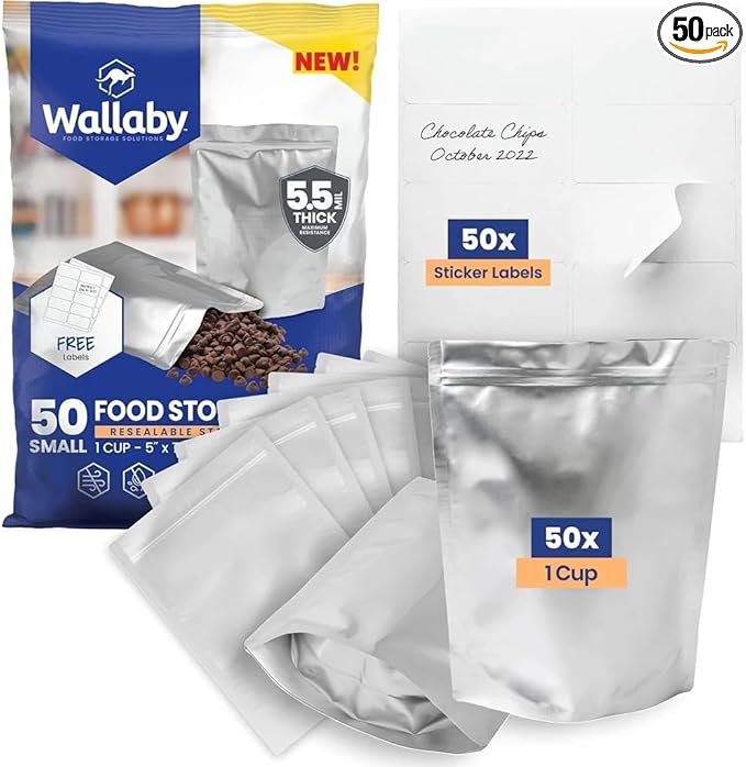 Wallaby 50 Count 1-Cup Gusset Mylar Bags with Labels, 11 Mil Total Thickness Long-Term Food Storage Pouches, 7x5 Stand-Up Zipper Heat-Sealable Airtight Packaging - Silver