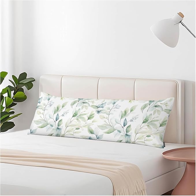 Green Leaf Decorative Home Pillow Covers, Watercolor Floral Eucalyptus Leaves Long Body Pillow Cover Sleeper Cushion Cover Body Pillowcase for Man Woman Sofa Patio Shop 20x54 Inch