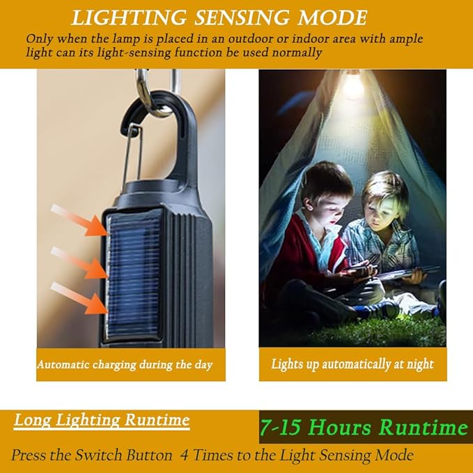 4 Pack Solar Camping Lights , Rechargeable Light Bulbs , Hanging Tent Lantern Outdoor Indoor with Clip Hook Keychain 4 Lighting Modes for Christmas Decorations Hiking Backpacking Warm Light