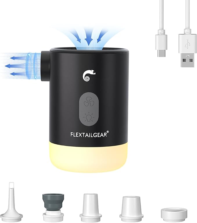 FLEXTAILGEAR 4.5kPa Air Pump for Inflatables, Portable Air Pump with Led Light, 3600 mAh Rechargeable Battery Air Mattress Pump Inflator Pump for Pool Floats Boats Sleeping Pads Inflatable Toys