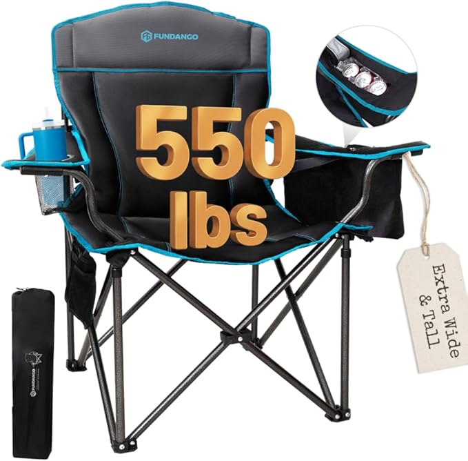 FUNDANGO Oversized Camping Chair for Adults,550lbs Heavy Duty Foldable Portable Lawn Chair with Padded Seat & Back, 4-can Cooler & Cup Holder, Carry Bag Included for Outdoor (Black/Grey)