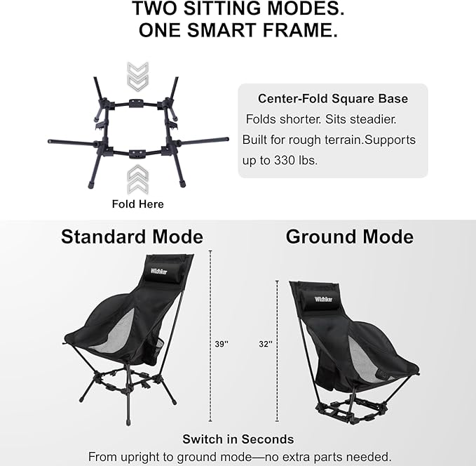 Wildhiker Compact High Back Camping Chair - Foldable with Dual Sitting Modes, Pillow, Arm Pads and Side Pockets - Lightweight Portable Chair for Motorcycle, RV, Festival, Travel - Black