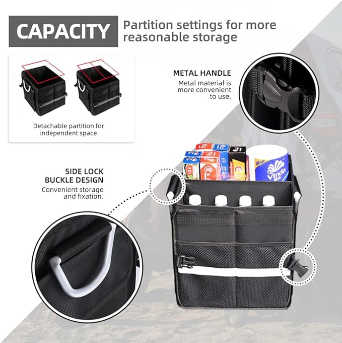 55L Car Trunk Organizer with Reflective Stripes.1680D Polyester Folding Car Organizer with Reinforced Handles, Folding and Multi-Compartment, Storage for SUV, Truck, Sedan (Black, 28L)
