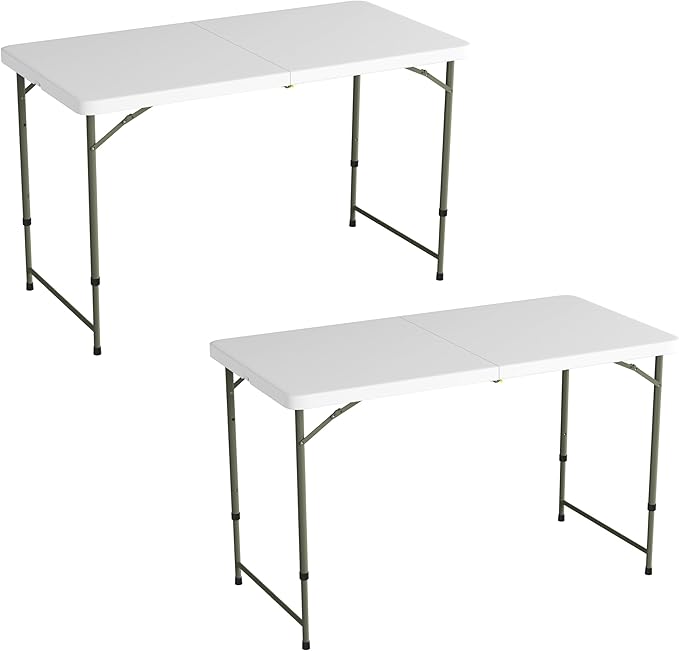 Lavish Home Portable Folding Tables - Lightweight Portable Folding Desk with Adjustable Height - 4-Foot Plastic Indoor & Outdoor Utility Tabletop for Camping, Crafting, or Tailgating (Set of 2/White)