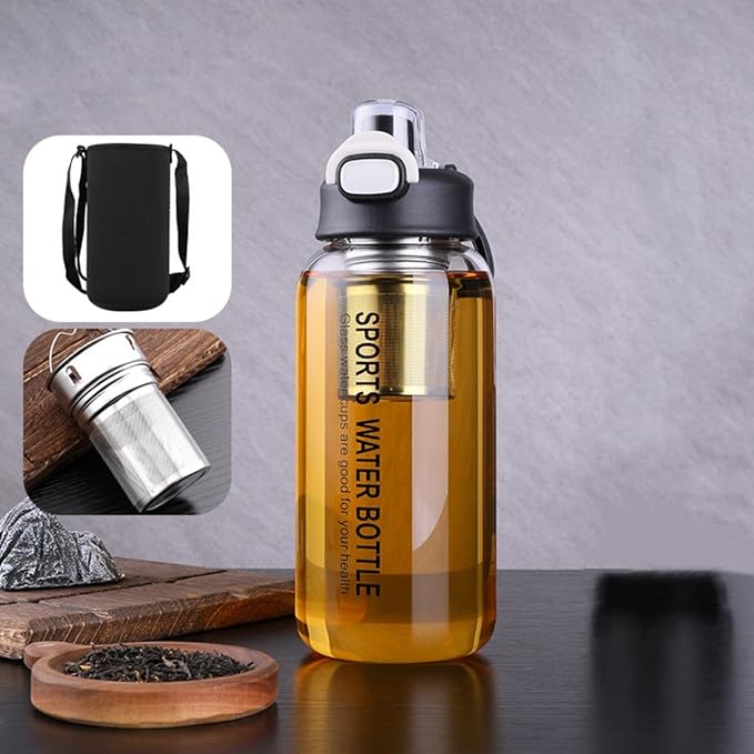 Glass Tea Bottle with Infuser - Gass Tea Tumbler with Infuser, Borosilicate Glass Infuser Water Bottle with Straw, Sleeve,Lock Lid and Handle, Leakproof (1 Liter)