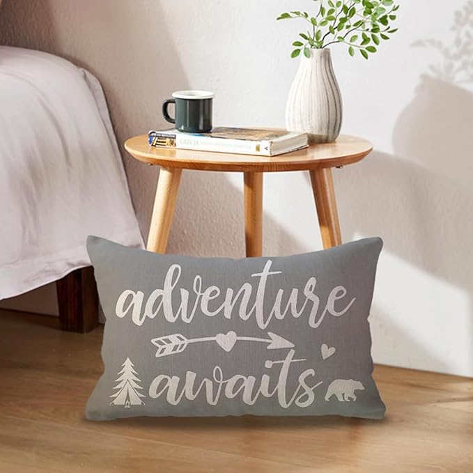 ULOVE LOVE YOURSELF Adventure Camper Decorative Lumbar Pillowcase Double-Sided Let’s Go Camping/Adventure Awaits Throw Pillow Covers Cabin/Camper Cushion Covers 12x20,2Pack for Sofa/Couch/Porch(Grey)