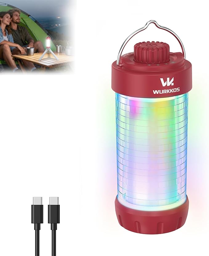 Wurkkos CL01 Camping Lantern Rechargeable, 550LM Camping Light with Magnet Base, RGB Light, Stepless Dimming, Up to 300H Runtime, Led Lantern for Power Outages, Hurricane, Camping, Red, Best Gift