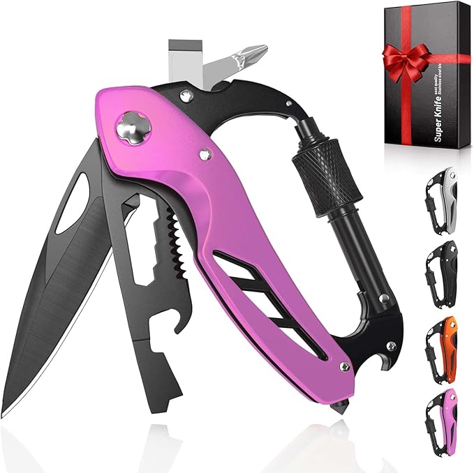 9 in 1 Multitool Carabiner Pocket Knife for Women, EDC Carabiner with Bottle Opener, Window Breaker and Screwdriver, Survival Gear for Camping Hiking,Stocking Stuffers Gifts for Women and Her(Pink)