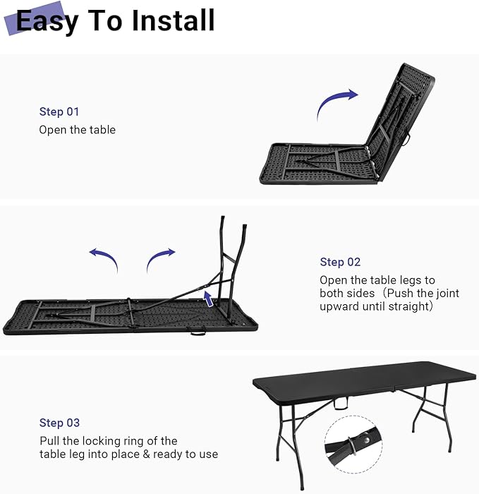 Byliable Folding Table 6ft, Heavy Duty Portable Plastic Fold-in-Half Utility Table with Carrying Handle for Indoor Outdoor, Camping Picnic Party, Black