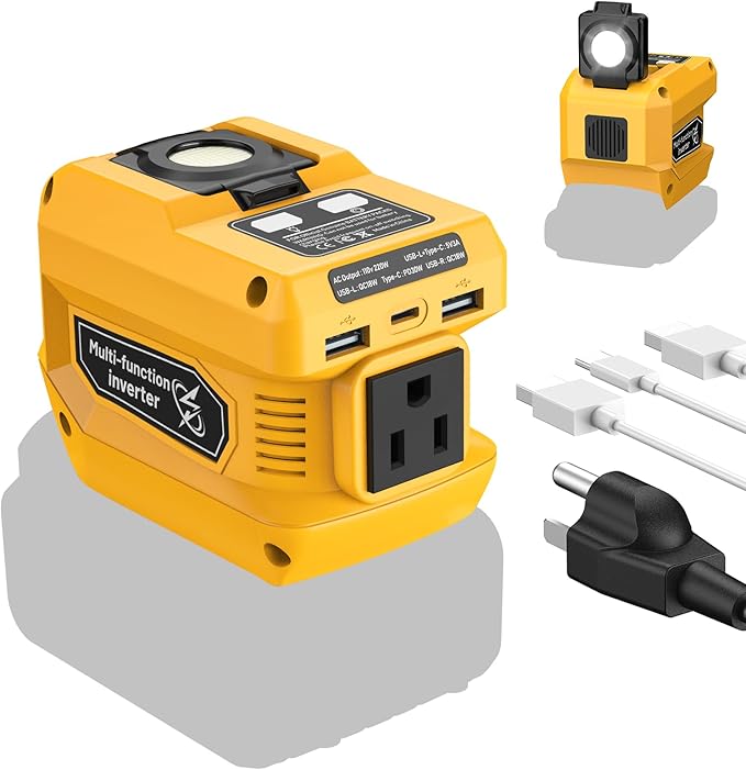Azocek 220W Power Inverter Compatible with Dewalt 20V Battery(Battery not Included), DC 20V to AC 110V, 2 USB Ports & 1 Type-C Fast Charging, 400LM LED Work Light