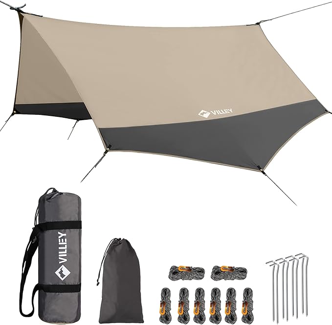 VILLEY Camping Tarps for Tents, Portable Waterproof Hammock Rain Fly, Easy Set Up Camping Shelter Sunshade Canopy for Outdoor Fishing, Backpacking, Hiking, Survival Gear- Heptagonal, Khaki