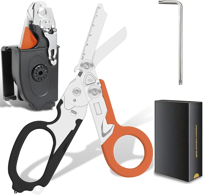 6-in-1 trauma shears - emergency responders, outdoor emergencies, medical staff, and outdoor camping, Gift box packaging with scissors storage K sheaths (Black Orange)