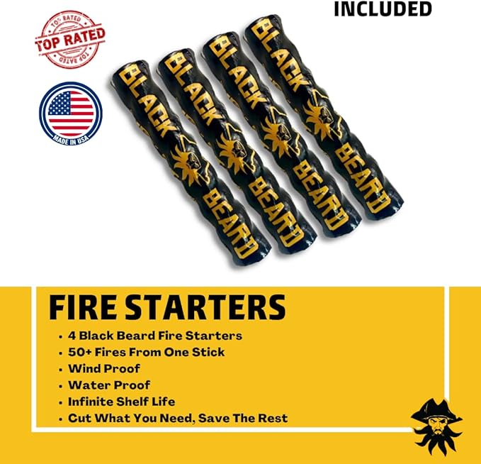 Black Beard Pirate's Plunder Fire Starter Kit with Waterproof Plasma Arc Lighter, Ferro Rod & Fire Starter Rope for Campfires in All-Weather Waterproof & Windproof