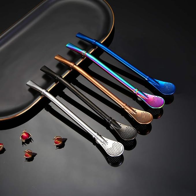 Yerba Mate Bombilla Stainless Steel Straw Loose Leaf Tea Infuser Dringking Spoons Filter Stirring Straws Pack of 5 with 2 Cleaning Brush