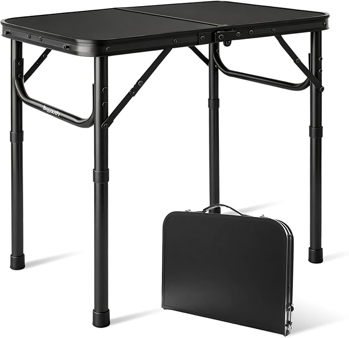 2FT Small Camping Portable Table, Black Aluminum Frame, Adjustable Height up to 21", Lightweight Carry Handle, Portable for Travel, Camping Outdoor Use