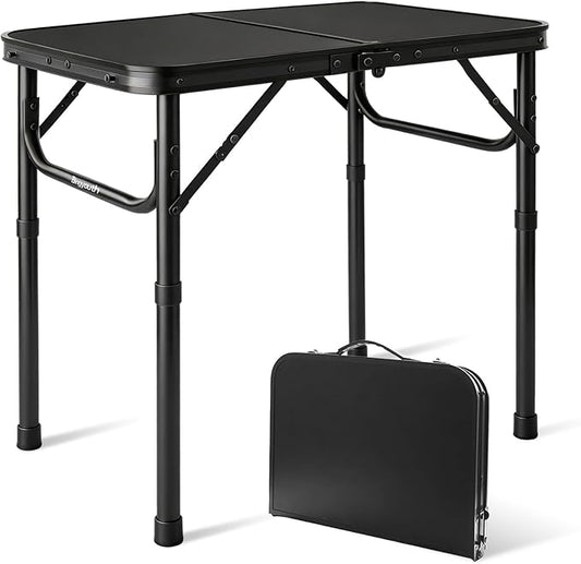 2FT Small Camping Portable Table, Black Aluminum Frame, Adjustable Height up to 21", Lightweight Carry Handle, Portable for Travel, Camping Outdoor Use