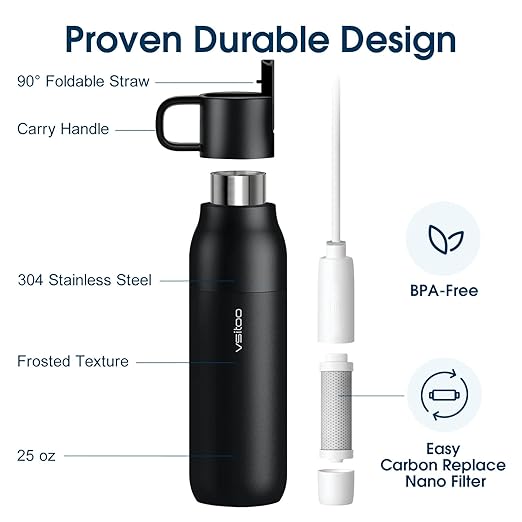 VSITOO 25oz Insulated Stainless Steel Filtered Water Bottle for Travel and Everyday Use，5-Stage 0.01μm Ultra-strong Filtration，Reusable，Improves Taste，for Hiking, Cycling, Gym & Outdoor Use，Black