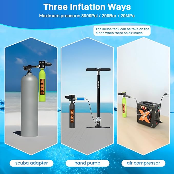SMACO 0.5L Mini Scuba Tank Portable Diving Tank Reusable Lightweight Diving Cylinde Compact Emergency Pony Bottle for Snorkeling, Freediving, Air Backup Lung Air Tank S300