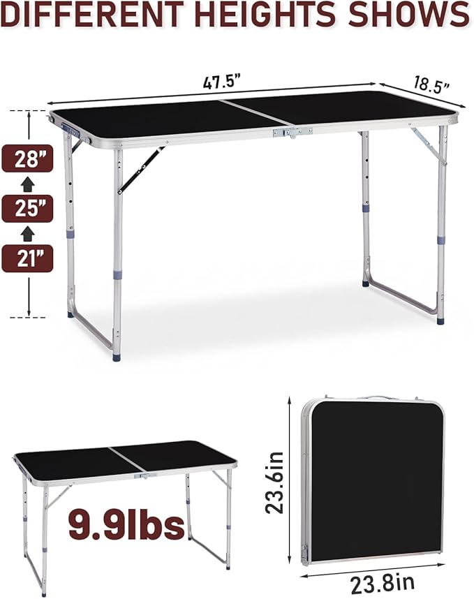 Outvita 4ft Portable Folding Camping Table, Outdoor Waterproof Adjustable Height Table, Aluminum Lightweight Suitcase Foldable Table for Picnic BBQ Beach Dining
