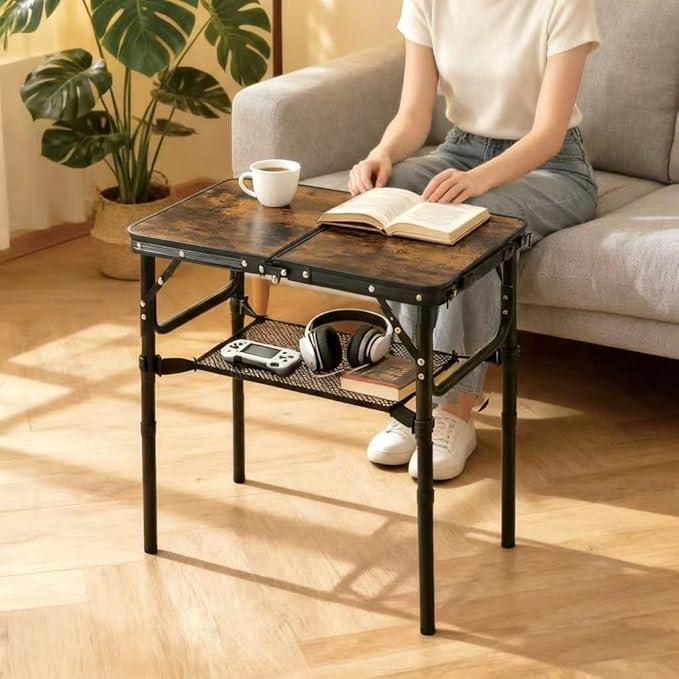Folding TV Trays Foldable Dinner Tray Table Adjustable Height Food Snack Couch Side Table Study Aluminum Portable Sofa Tray End Table for Outdoor Indoor Camp Pinic Bed Couch Living Room(Rustic Brown)