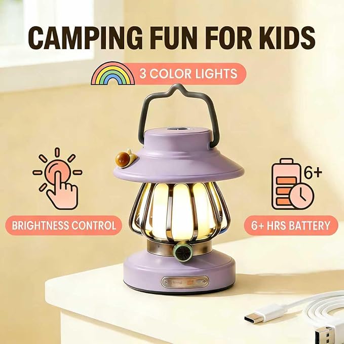 Kids Camping Light Set - Rechargeable Lantern & Motion Sensor Headlamp with USB-C Charging, 3 Color Dimmable Night Light for Boys Girls Indoor Outdoor Adventures (Purple)