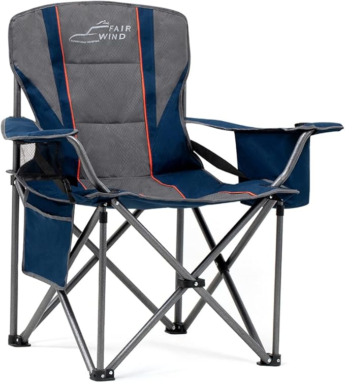 FAIR WIND Padded Camping Chair 500LBS Capacity Heavy Duty Oversized Folding Chair for Heavy People Portable Lawn Chair with Adjustable Lumbar Support, Cooler Bag & Cup Holder for Outdoor, Beach