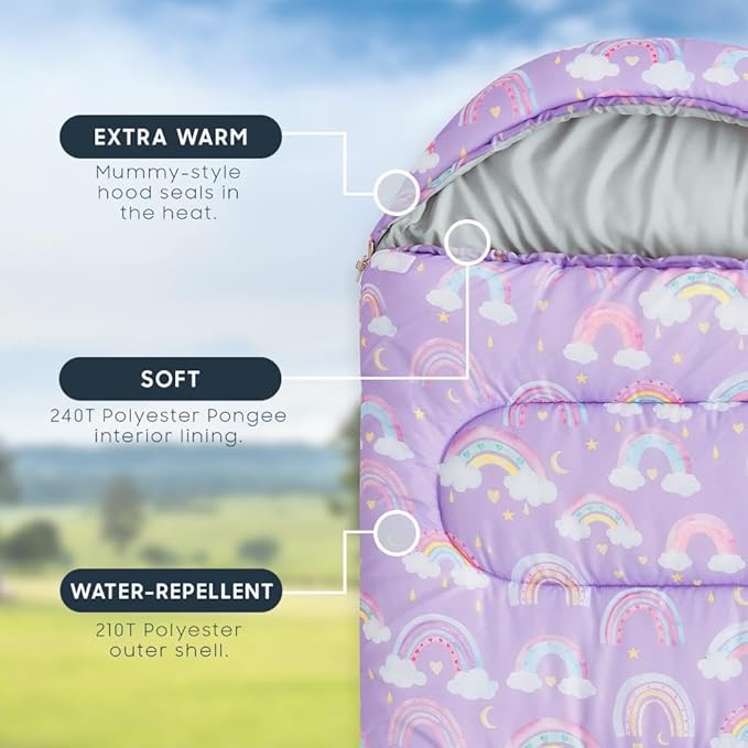 Wake In Cloud - Kids Sleeping Bag for Girls Toddlers, Camping in Warm Cold Weather, Backpacking Lightweight Compact Outdoor Liner for 3 Seasons, Rainbow Clouds