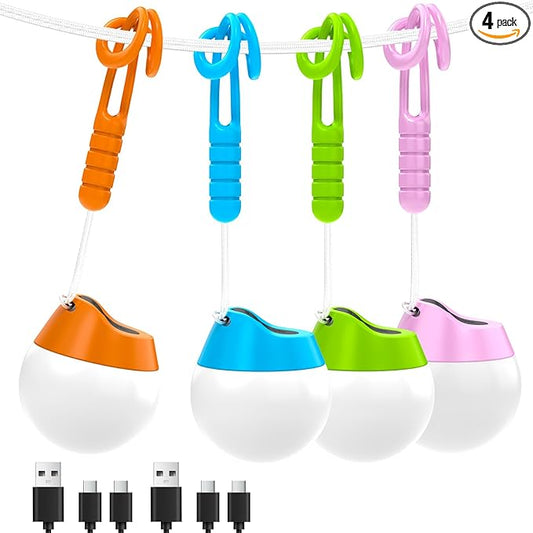 LETMY Rechargeable Camping Lights, 4 Pack Portable Tent Lights with 4 Lighting Modes, 150LM Mini Camping Lantern Waterproof, Only 20g Hanging Tent Lantern for Hiking Power Outages Emergency Kids Gift