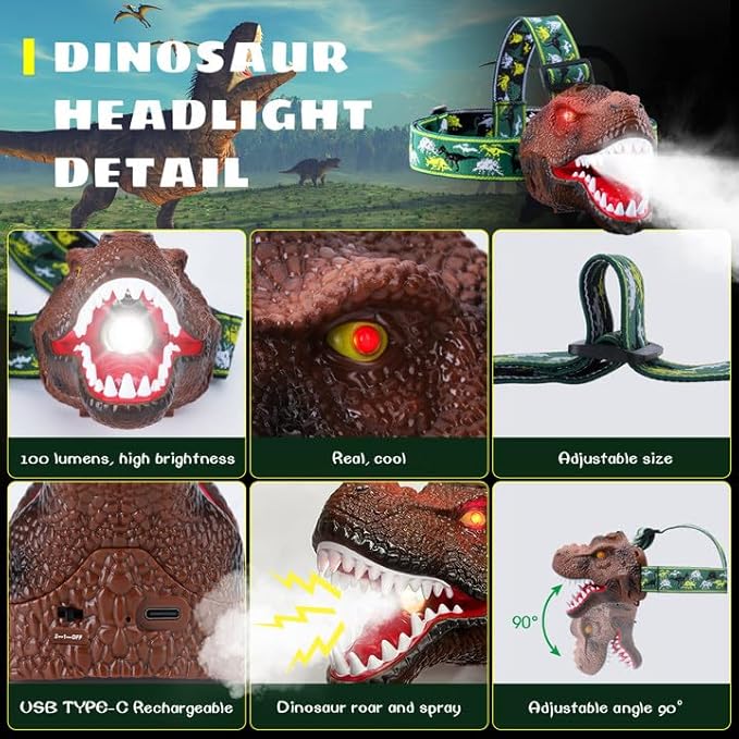 Dysaim LED Spray Headlamp - Essential Headlight for Kids Camping Gear | Dinosaur Toy Headlamp Flashlight for Boys and Girls | Ideal Gift for Birthday, Halloween, Christmas and New Year, 2 Pack