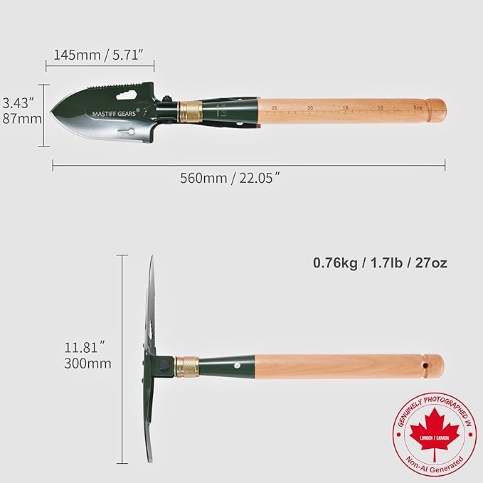 MASTIFF GEARS Military-Grade 2-in-1 Camping Shovel & Hoe - 1050 Steel, Foldable Wooden Handle, Metal Detecting Optimized, Canadian Designed & Tested, MOLLE Canvas Sheath | Limited