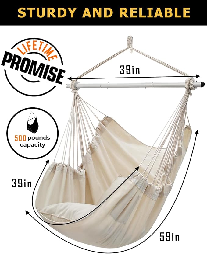 ADVOKAIR Hammock Chair Swing, Heavy-Duty Hanging Rope Swing Seat Supports 500 Lbs, Ideal for Outdoor Patio, Backyard, Porch, Deck & Indoor Bedroom Use