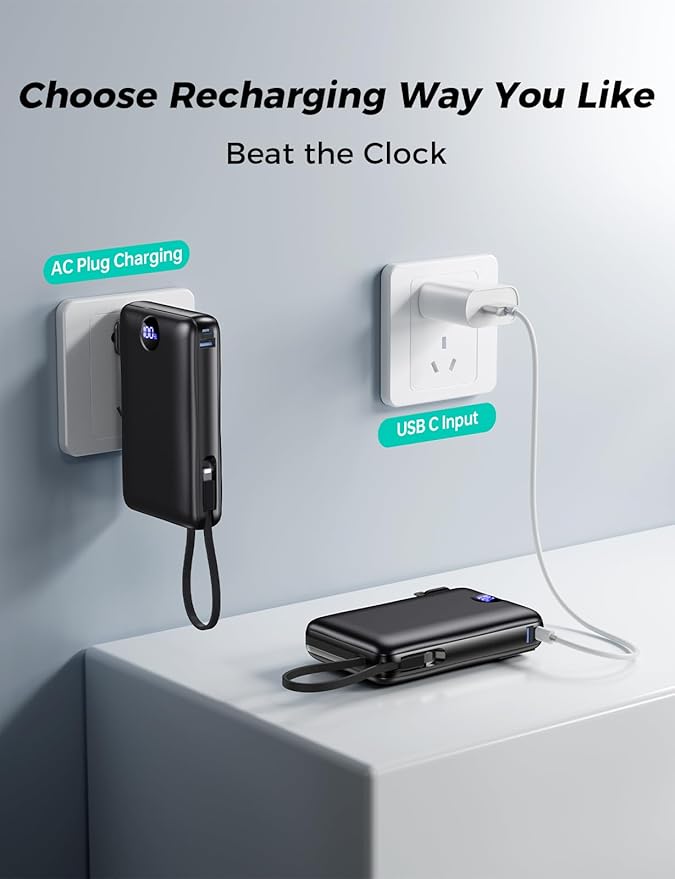 Portable Charger with Built-in Cables & Wall Plug, 50000mAh Power Bank, 4 Outputs 22.5W USB C Fast Charging, Slim Travel Battery Pack with LED Display for iPhone 17/16/15/14, Dark