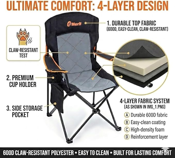 EMERIT Oversized Padded Camping Chair, 350LB Heavy Duty Quad Fold Chair with Arms, Collapsible Outdoor Chairs with Lumbar Back & Cup Holder