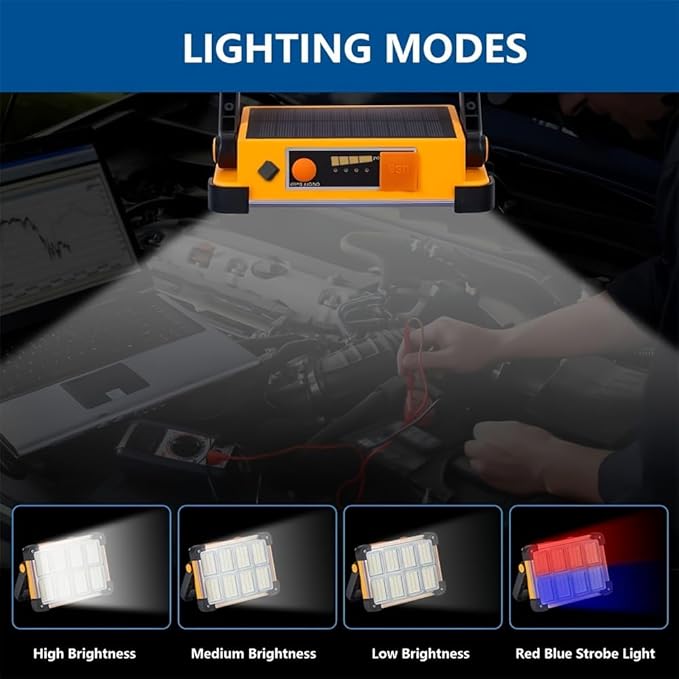 Vcwtty 120W LED Solar Work Light, 144 LED 10000LM Portable Flood Light with Stand, 4 Modes Rechargeable, IP65 Waterproof Outdoor Working Light for Camping, Fishing, Car Repair & Mechanics (1)