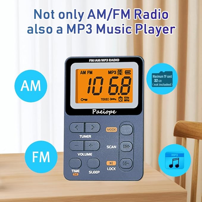Portable Radio AM FM, Rechargeable Pocket Walkman with Best Reception Digital Tuning, MP3, Stereo Earphone, Large LCD Screen, TF Card Socket, Transistor Radio for Jogging/Gym/Camping(Blue)