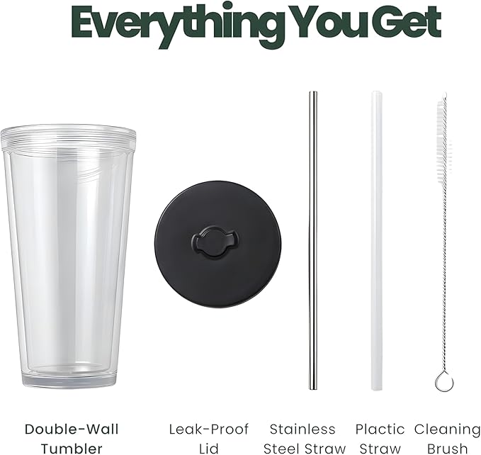 Kensal Home Reusable Iced Coffee Cup (16 Oz/Grande), Leak Proof and Double Wall Insulated Iced Coffee Tumbler, Come with Reusable Plastic and Metal Straws and Straw Cleaner - Black