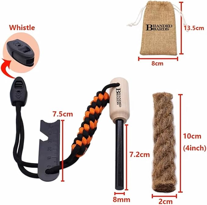 Bushcraft Fire Starter Kits. Ferrocerium Rod, Multi Tool Fire Striker, Waterproof Waxed Jute Rope Tinder, Survival Paracord, Emergency Whistle, Burlap Bag