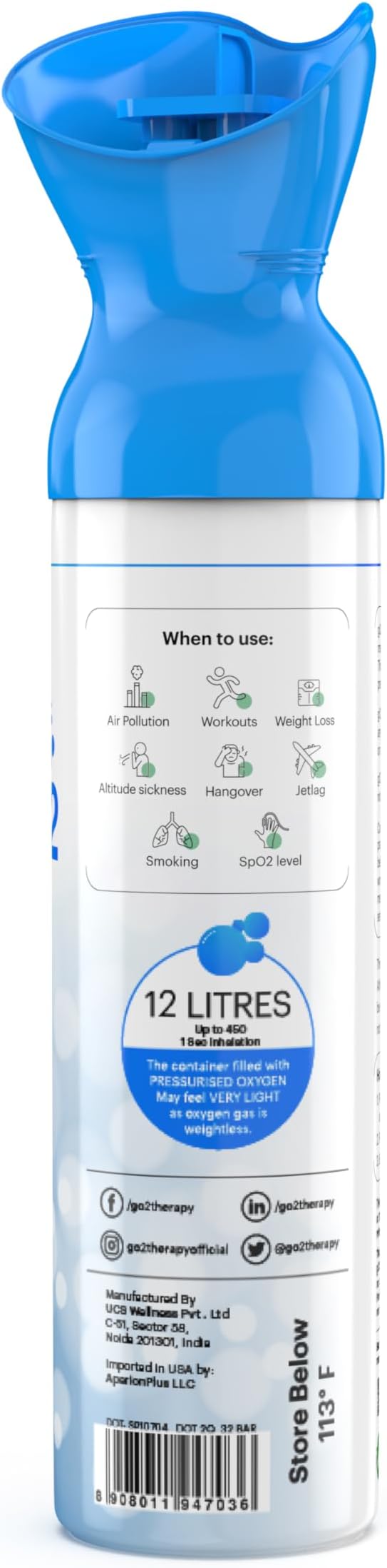 Up to 450 Inhalations, 12L | Portable Oxygen Canister – Single Mouth & Nose Mask – Supplemental Oxygen for Sports, Travel, Altitude & Fitness Activities