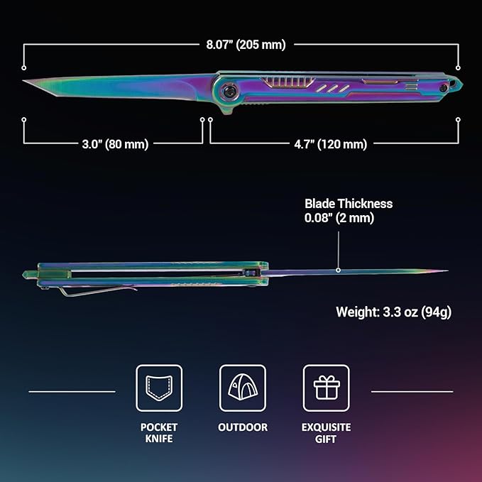 FUNBRO Rainbow Pocket Knife for Men & Women - EDC Folding Knives with Clip, Glass Breaker, Flipper and Liner Lock for Self Defense - Cool Survival Knife for Outdoor Camping