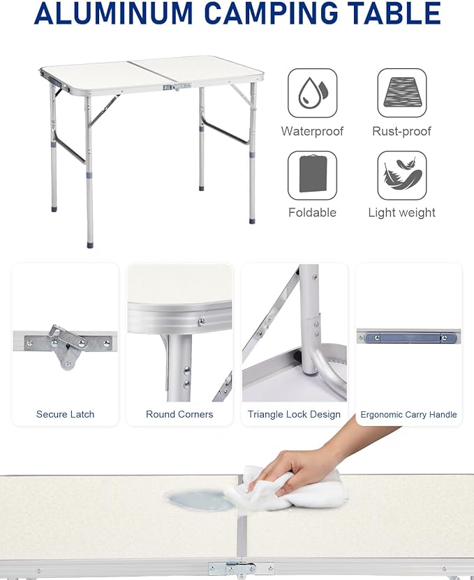 Outvita 3ft Portable Folding Camping Table, Outdoor Waterproof Adjustable Height Table, Aluminum Lightweight Suitcase Foldable Table for Picnic BBQ Beach Dining